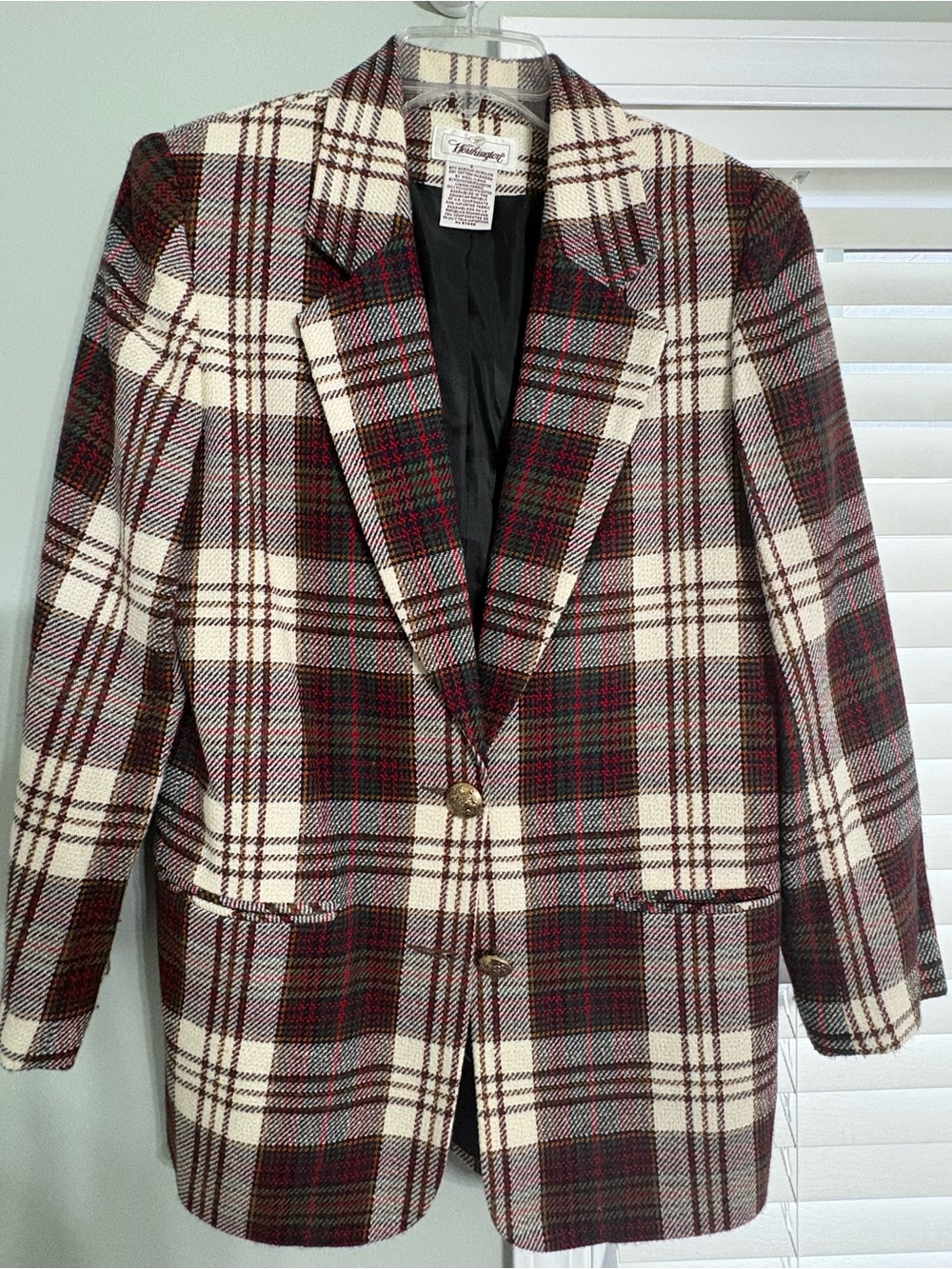 Worthington Plaid Blazer Cream Burgundy Green Gold Buttons Academia